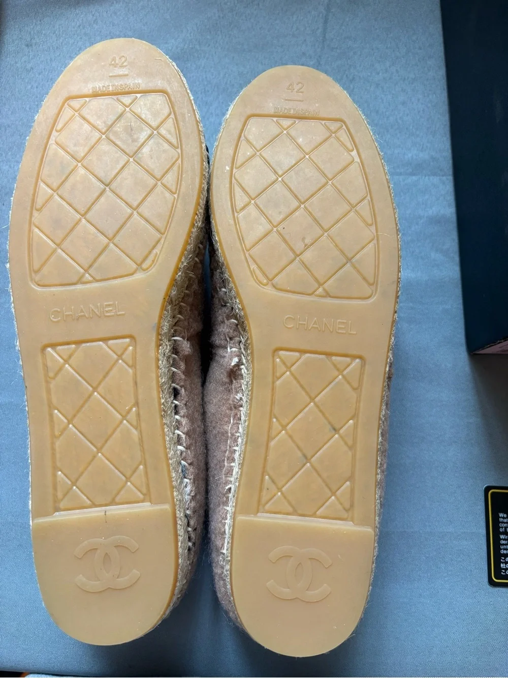 CHANEL NIB Brown Wool Slip-On Espadrille with Black Logo and Leather Toe